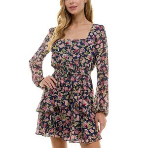 NWT City Studios Juniors Square-Neck Fit Flare Dress Belted Navy Blue / Wine L